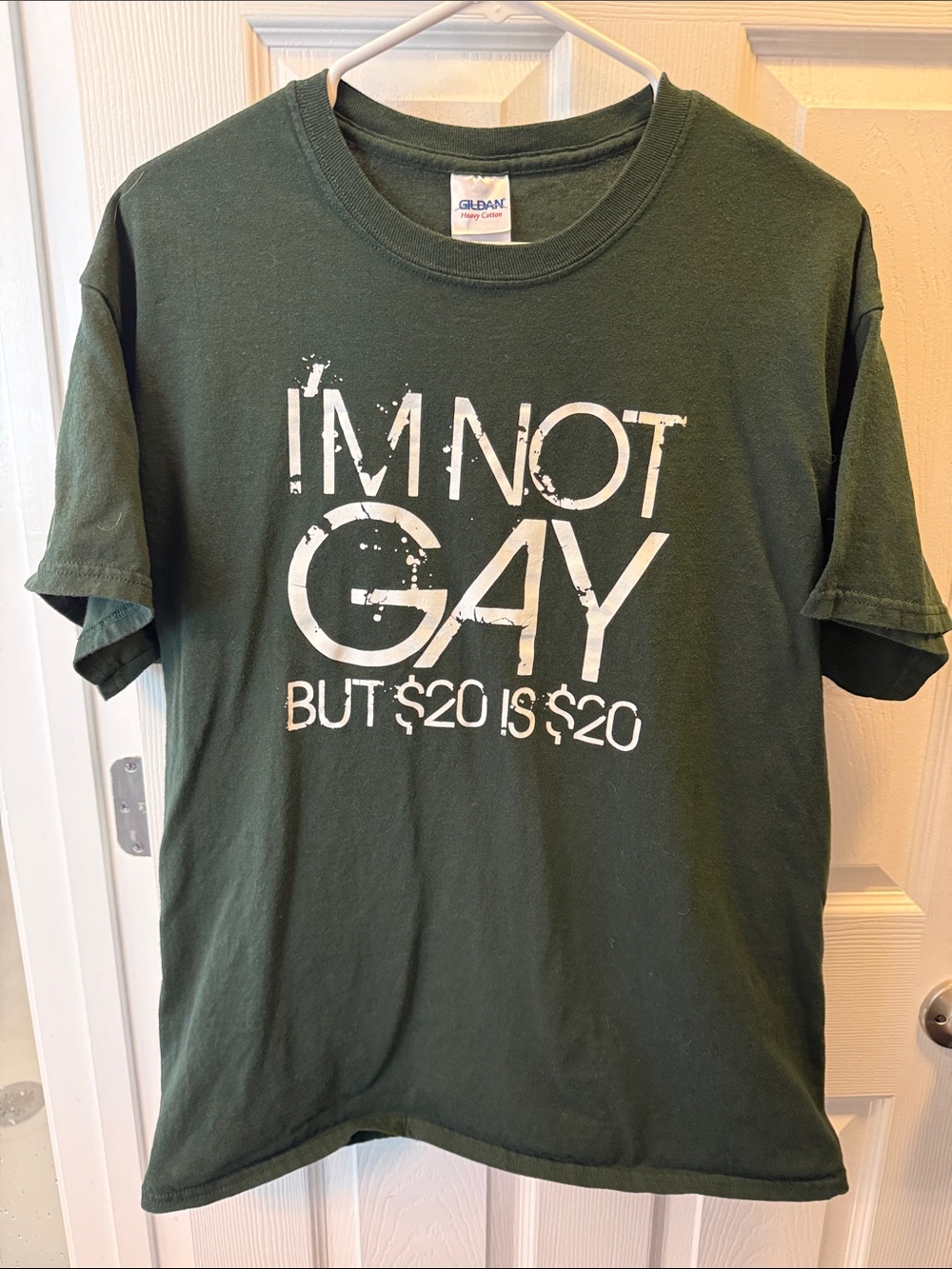 Gildan Men's Forest Green Tee with White Text Graphic